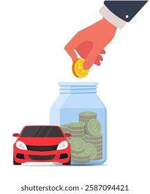 Hand deposits a coin into a glass jar overflowing with cash, symbolizing savings for a bright red car parked beside it.  The image conveys financial planning and the dream of car ownership.