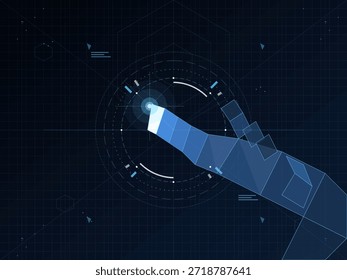 A hand design made of geometric shapes reaches toward a circular target at the center of a dark screen filled with digital elements and lines. The scene suggests interaction with technology.