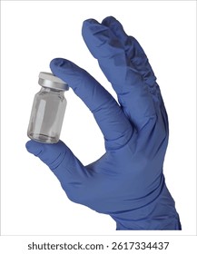 Hand design wearing blue rubber gloves and holding a bottle of skin booster. This image can be used for commercial projects or other projects.