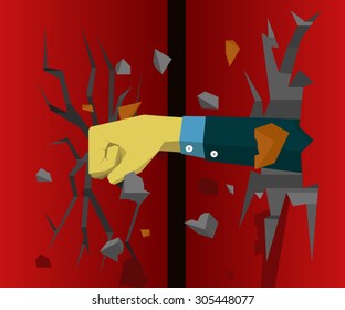 Hand destroy the wall and make the next wall cracks