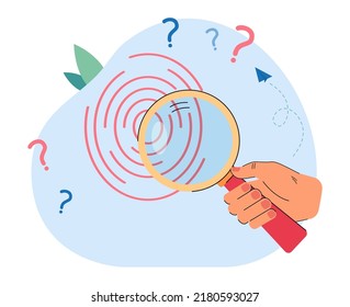 Hand of detective studying fingerprint under magnifying glass. Person identifying criminal flat vector illustration. Crime, security, investigation concept for banner, website design or landing page