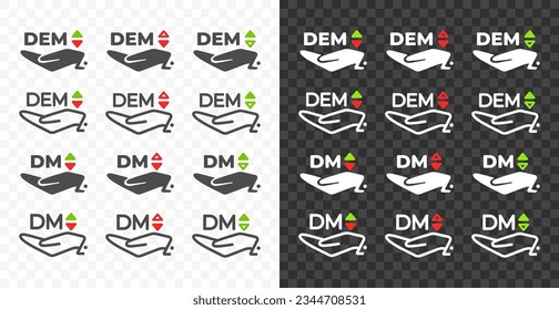 Hand and Deutsche Mark, DEM with up and down arrow currency exchange rate vector design. Foreign currencies and exchange rates value graphic design. Currency trade chart icons