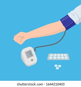 Hand and device for measuring blood pressure, pills. Pressure control, the problem of hypertension. Vector illustration.