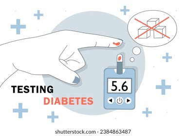 Hand with diabetes test line concept. Medicine and heath care. Illness, disease and treatment. Sugar level and insulin in blood. Linear flat vector illustration isolated on white background