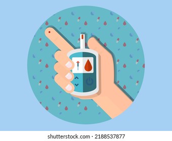 Mano con una prueba de diabetes de fondo azul.