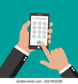 	
Hand Is Dialing Number On The Phone. Flat Vector Concept Illustration Of Male Hand And Smartphone. Businessman Touching Buttons With Numbers On The Mobile Phone Screen To Make A Phone Call.