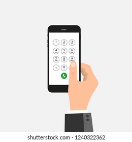 Hand Is Dialing Number On The Phone. Flat Vector Concept Illustration Of Male Hand And Smartphone. Businessman Touching Buttons With Numbers On The Mobile Phone Screen To Make A Phone Call.