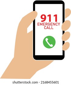 una mano marca el número 911 por teléfono. 911 señal de llamada. Símbolo de primeros auxilios. estilo plano.