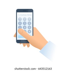 A hand dials number on the phone. Modern technology, smart phone apps, business connection and communication flat concept illustration. Vector design element isolated on white background.