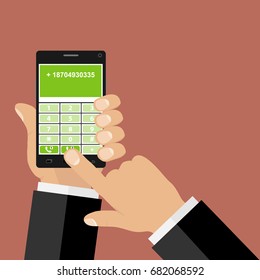 The hand dials the phone number, hands hold the phone. Flat design, vector illustration, vector.
