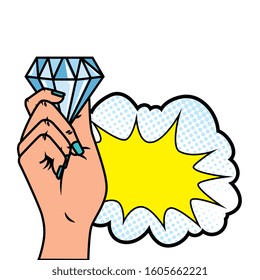 hand with diamond and cloud pop art style icon vector illustration design