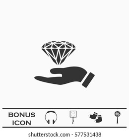 Hand and diamond icon flat. Black pictogram on white background. Vector illustration symbol and bonus button