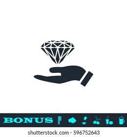 Hand and diamond icon flat. Black pictogram on white background. Vector illustration symbol and bonus button