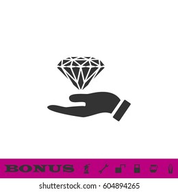 Hand and diamond icon flat. Black pictogram on white background. Vector illustration symbol and bonus button