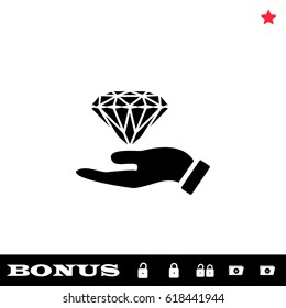 Hand and diamond icon flat. Black pictogram on white background. Vector illustration symbol and bonus button open and closed lock, folder, star