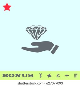 Hand and diamond icon flat. Grey pictogram on blue background. Vector illustration symbol and bonus buttons medal, cow, earth, eye, calculator