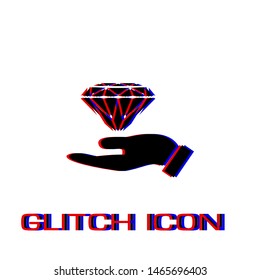 Hand and diamond icon flat. Simple pictogram - Glitch effect. Vector illustration symbol