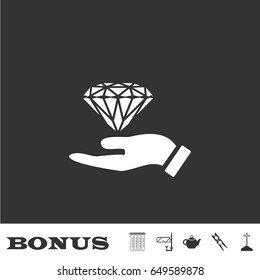 Hand and diamond icon flat. White pictogram on black background. Vector illustration symbol and bonus icons