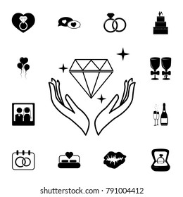 hand and diamond icon. Set of wedding elements icon. Photo camera quality graphic design collection icons for websites, web design, mobile app on white background