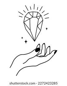 Hand with diamond isolated on a white background. Celestial composition.