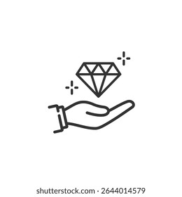 Icono de contorno de mano y diamante que representa el valor comercial y USP