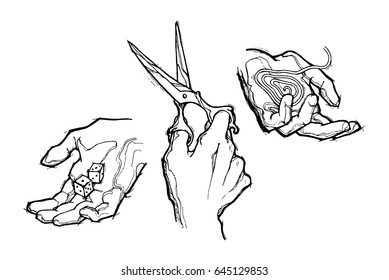 Hand with dice, hand with scissors, hand with spiral thread. Vector sketches on a white background