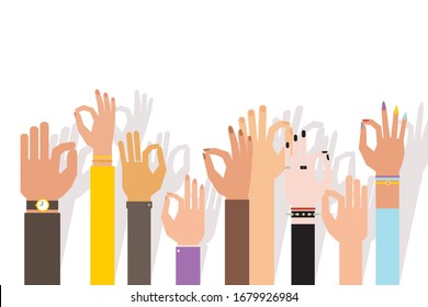 Hand of different nations and race show the OK sign, isolated on white flat vector illustration. Sign of agreement and satisfaction, show all is well. Design for poster, website banner.