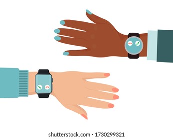 Hand different nations wear smartwatch, black and white color skin arm isolated on white, flat vector illustration. Online modern technology chat communication, phone call data exchange.