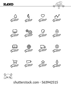 Hand with different objects flat icon set. Collection of high quality outline symbols for web design, mobile app. Hand vector thin line icons or logo.
