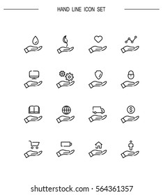 Hand with different objects flat icon set. Collection of high quality outline symbols for web design, mobile app. Hand vector thin line icons or logo.