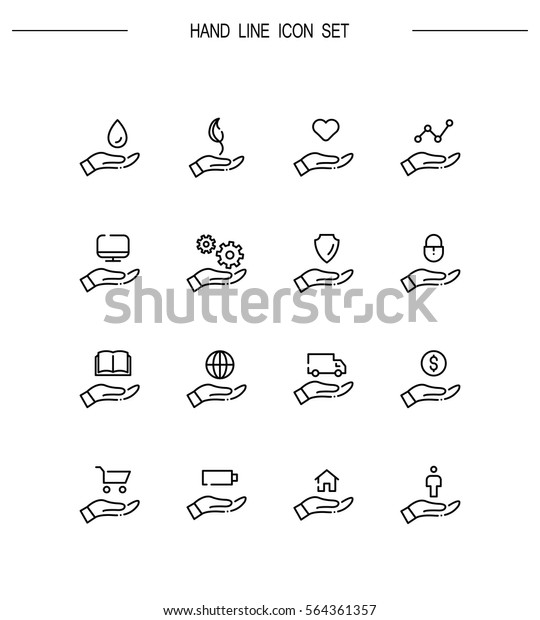Hand with different objects flat icon set.\
Collection of high quality outline symbols for web design, mobile\
app. Hand vector thin line icons or\
logo.