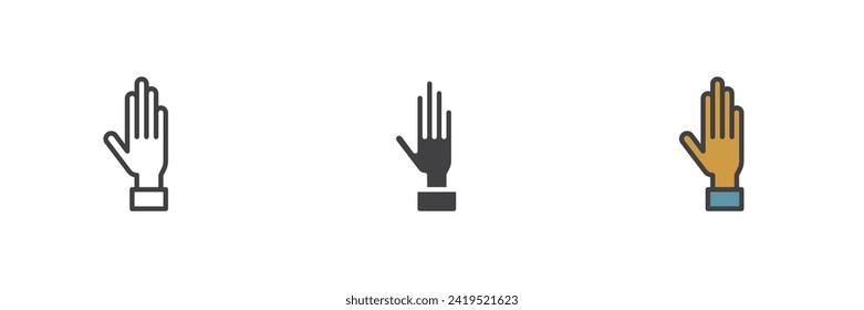 Hand different style icon set. Line, glyph and filled outline colorful version, outline and filled vector sign. Hand palm Symbol, logo illustration. Vector graphics