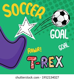 Hand Dinosaur Legs Kick The Ball To Score  Writing Playing Soccer Game, Pop Art Style Soccer Ball Icon Joy, Kid, Ball, Kicking Sport Vector Illustration Dark Green Color Background.