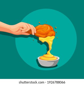 Pase mano Pollo frito a mostaza o salsa de queso para comida rápida concepto de símbolo de restaurante en ilustración de dibujos animados vector