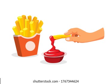 Hand dip french fries to tomato sauce. snack potato fast food menu symbol in cartoon illustration vector