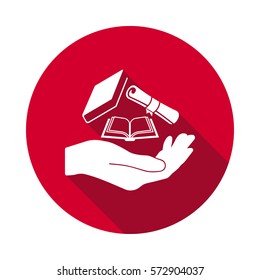 Hand with diploma and books flat icon.