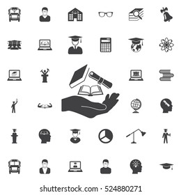 Hand with diploma and books icon. Education icons universal set for web and mobile