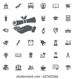 Hand with diploma icon on the white background. Education Vector Icon Set