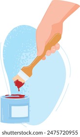 Hand dipping brush into red paint can. Spilled paint drops around can. Art supplies vector illustration isolated white background