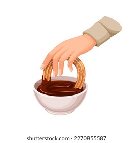 Chubasco a mano en taza con salsa de chocolate ilustración vectorial. Caricatura aislada de la mano sosteniendo galletas para sumergirse en el tazón de vidrio, persona comiendo churro en el postre, comida dulce española y mexicana