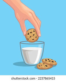 Hand dipping cookies to Glass of fresh milk and two chocolate chip cookies on. Cartoon flat illustration vector in blue background.