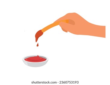 Hand dipping french fries into sauce. Simple flat illustration.