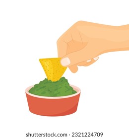 hand dipping nacho in the bowl with guacamole -vector illustration