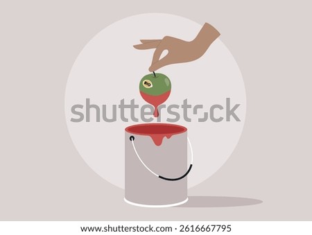 A hand dips an apple into synthetic paint—bright color mimic ripeness, exposing the deceptive, harmful practice of making fruit appear healthier than it truly is
