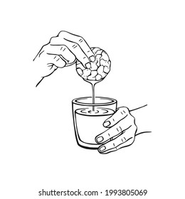 Hand dips a cookie into a glass. Hand drawn black and white vector illustration. 