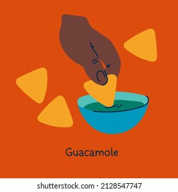 The hand dips nachos in guacamole. Vector illustration of Mexican food. Bright orange background