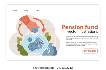 La mano dirige el flujo de dinero a una alcancía, lo que ilustra la continua contribución y crecimiento de un fondo de pensiones. La inversión y el ahorro son el foco. Ilustración vectorial plana.