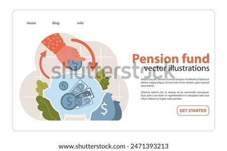 Hand directs flow of money into a piggy bank, illustrating the continual contribution and growth of a pension fund. Investment and savings spotlight. Flat vector illustration.