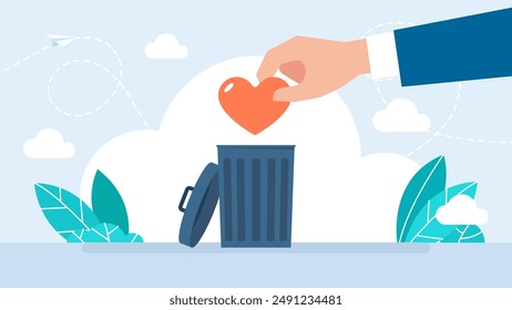 Mano desechando corazón roto en cubo de basura. El corazón de amor es arrojado a la basura, basura, desperdicios y basura. Metáfora del fin de la relación amorosa, ruptura y ruptura. Ilustración vectorial