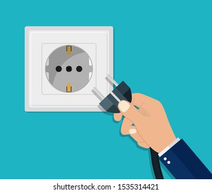 Hand Disconnecting Electric Plug. Man Unplug Electrical Power Socket. Energy Cable Off. Flat Safety Concept. Connect Plug In Wall Socket. Switch Appliance Of Equipment. Vector Illustration